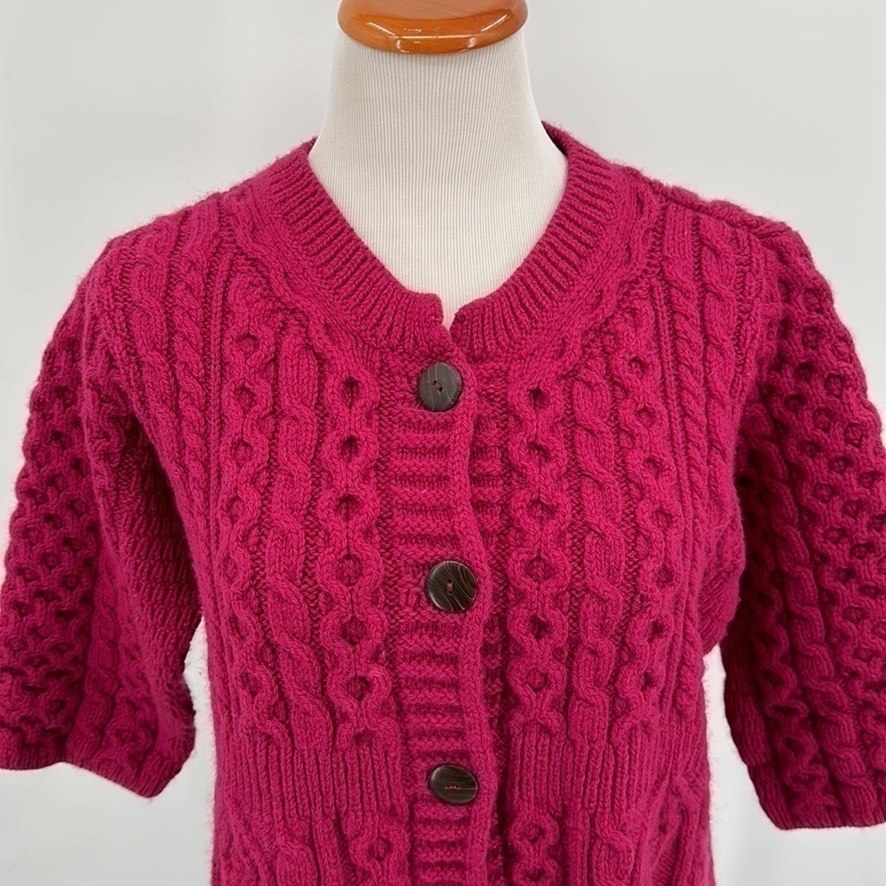 Kilronan Knitwear Pink Aran Stitch Irish Wool 3 Button Cardigan Sweater Size XL - Picture 2 of 10